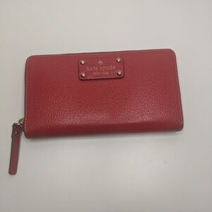 kate Spade New York Red Leather Zip Wallet with Gold Plaque